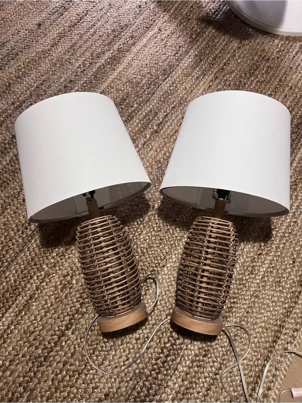 Wicker Rattan Table Lamps with White Shade - Natural Brown
